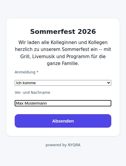 Echte NYQRA-Anmeldeseite 'Sommerfest 2026' mit ausgefülltem Feld 'Vor- und Nachname' (Max Mustermann) und Auswahl 'Ich komme' – synthetische Beispieldaten