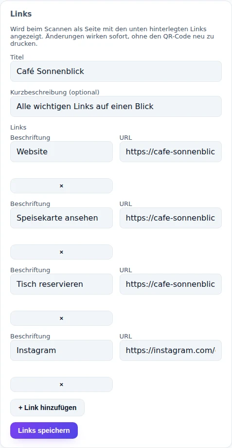 NYQRA-Verwaltungsoberfläche zum Bearbeiten der Link-Sammlung: Titel, Kurzbeschreibung und vier Links mit Beschriftung und URL