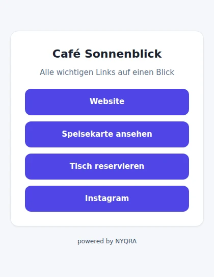 Echte NYQRA-Link-Sammlung 'Café Sonnenblick' mit vier Buttons (Website, Speisekarte ansehen, Tisch reservieren, Instagram) – synthetisches Beispiel